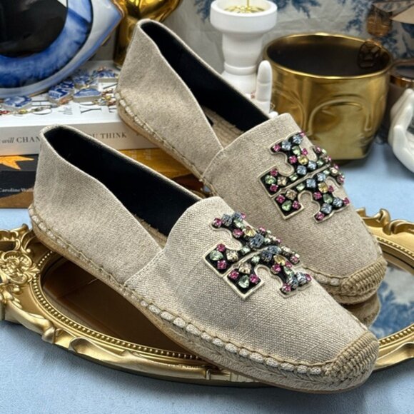 🆕 TORY BURCH 🧿 NWOB Ines Linen & Leather Bejewelled Espadrilles - Sz 10 M - Picture 8 of 13